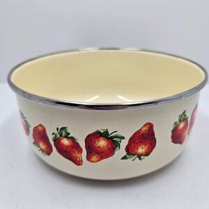 Vintage Kobe Enamelware Strawberry Mixing Bowl Cream Stainless Steel Rim
